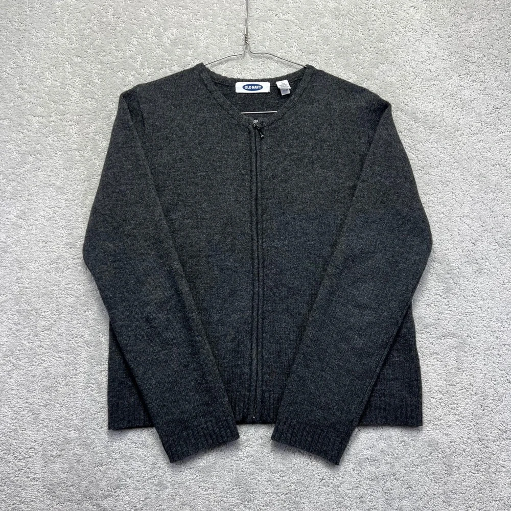 VINTAGE 90s Old Navy Sweater Womens L Dark Grey 100% Lambswool Zip Up Cardigan